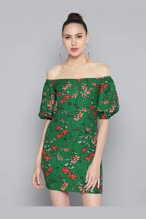STREET 9 Women Green & Red Floral Printed Off-Shoulder Sheath Dress