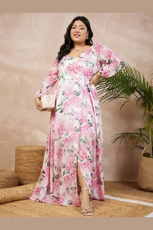 Berrylush Plus Size White Floral Printed Georgette Wrap Maxi Dress