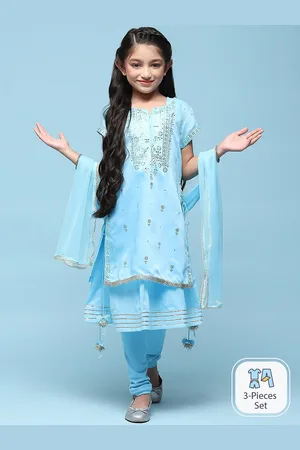 Biba Girls Blue Ethnic Motifs Embroidered A-line Kurta With Churidar & Dupatta