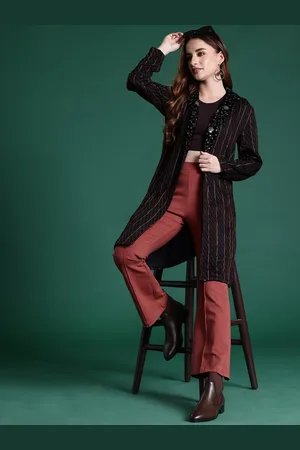Sangria Sequin Embellished Notched Lapel Collar Front Buttoned Longline Ethnic Jacket