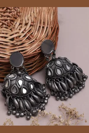 ATIBELLE Silver Plated Stone Studded Dome Shaped Jhumkas