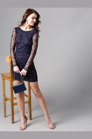 STREET 9 Women Navy Blue Net Embellished Bodycon Dress