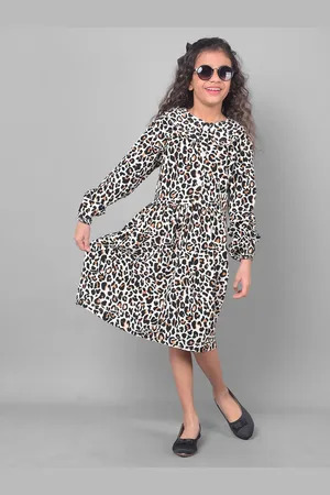 Crimsoune Club Kids-Girls Animal Print Cotton Round Neck Mini Dress