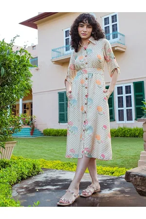 Jaipur Floral Printed Shirt Collar Roll Up Sleeves Belted Shirt Dress