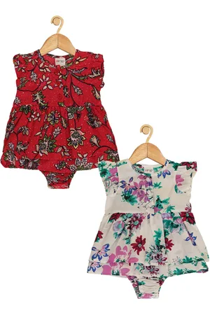 Creative Infant Girls Pack Of 2 Floral Print Flutter Sleeves Cotton Fit & Flare Dress