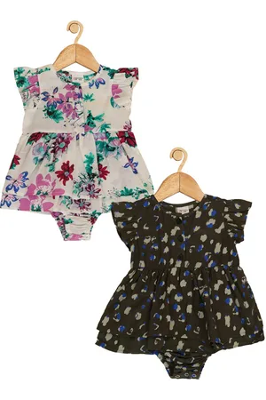 Creative Infant Girls Pack Of 2 Floral Print Flutter Sleeves Cotton Fit & Flare Dress