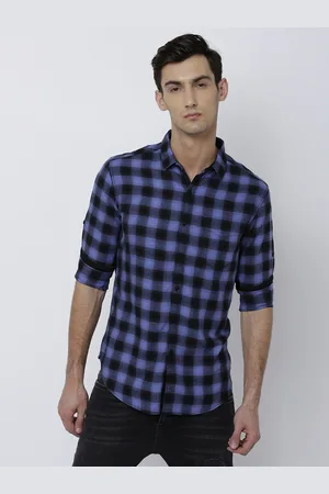 LocoMotive Men Blue & Black Slim Fit Checked Casual Shirt