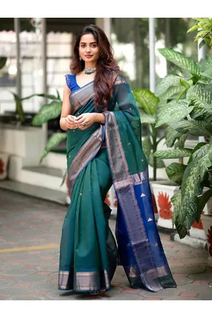 Mitera Teal & Blue Geometric Woven Design Zari Saree