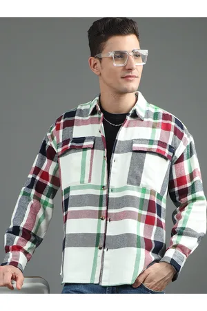 HERE&NOW White Tartan Checked Casual Cotton Oversized Shacket