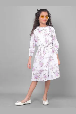 Crimsoune Club Kids-Girls Floral Print Puff Sleeve Fit & Flare Midi Dress