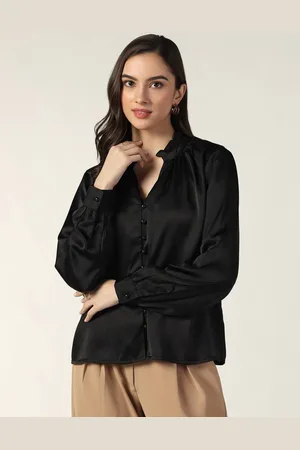 BEATNIK Mandarin Collar Cuffed Sleeves Satin Shirt Style Top