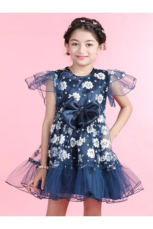 Cutiekins Girls Floral Printed Flutter Sleeve Bow Tiered Net Fit & Flare Dress