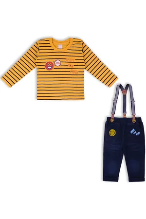 Wish Karo Boys Cotton Denim Dungaree With Striped T-shirt