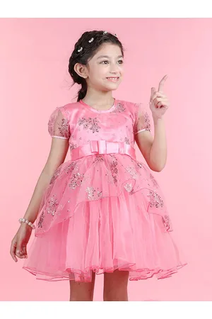 Cutiekins Girls Embellished Bow Puff Sleeve Net Fit & Flare Dress