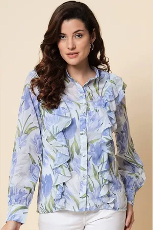 BEATNIK Floral Printed Mandarin Collar Cuffed Sleeves Satin Shirt Style Top