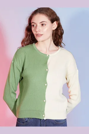 DressBerry Green Colourblocked Long Sleeves Acrylic Cardigan