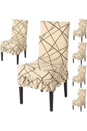 HOKIPO 6 Piece Beige & Brown Printed Stretchable Frill Chair Covers