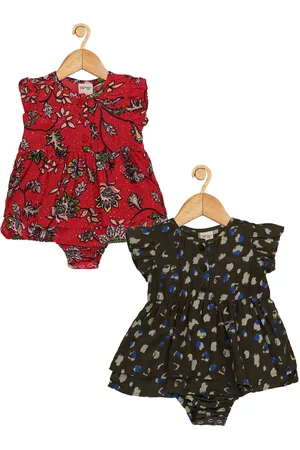 Creative Infant Girls Pack Of 2 Floral Print Flutter Sleeves Cotton Fit & Flare Dress