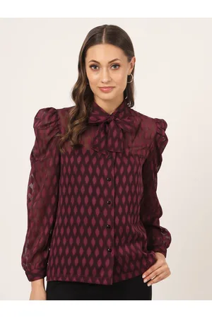 BEATNIK Tie-Ups Neck Puffed Sleeves Shirt Style Top
