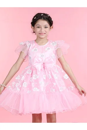 Cutiekins Girls Floral Printed Flutter Sleeve Bow Tiered Net Fit & Flare Dress