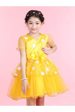 Cutiekins Girls Floral Printed Puff Sleeve Layered Bow Net Fit & Flare Dress