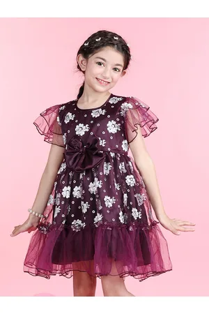 Cutiekins Girls Floral Printed Flutter Sleeve Bow Tiered Net Fit & Flare Dress