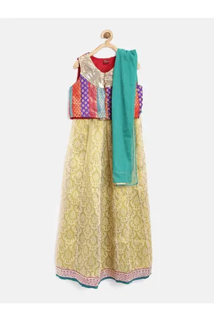 Silk kids lehenga red and mango yellow with allover brocade weaves and –  Prashanti Sarees