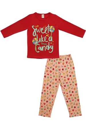 Clothe Funn Girls Typography Printed Pure Cotton Top with Pyjamas