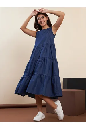 StyleStone Blue Sleeveless Cotton Denim Loose Fit Tiered Fit & Flare Dress