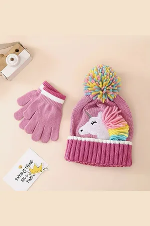 Little Surprise Box LLP Kids Frill Unicorn Woollen Winter Cap Beanie & Matching Gloves