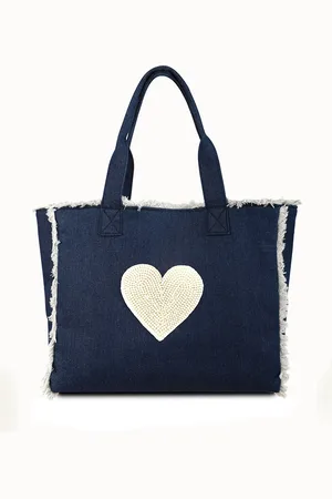 earthbags Amor Pearl Fringe Denim Tote Bag