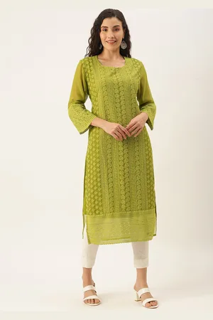 SWAGG INDIA Women Green Chikankari Thread Work Georgette Kurta