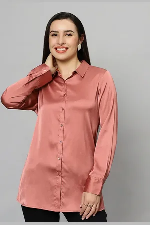 Chemistry Original Spread Collar Long Sleeves Satin Longline High-Low Casual Shirt