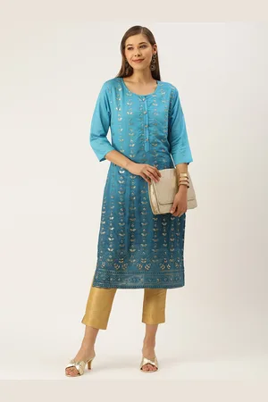 SWAGG INDIA Women Blue & Golden Ethnic Motifs Embroidered Chanderi Silk Kurta