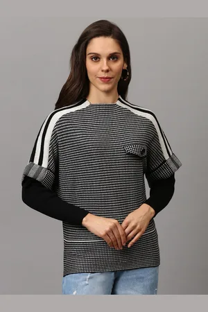 Campus Women Black & White Checked Pullover Woolen sweater