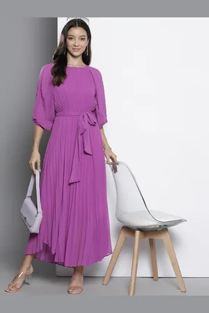Boohoo Accordion Pleated Puff Sleeve Chiffon A-Line Midi Dress with Belt