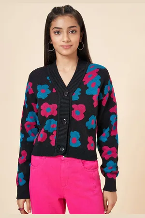 Pantaloons Girls Floral Self Design Crop Cardigan