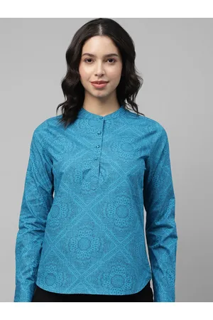 HANCOCK Ethnic Motifs Printed Mandarin Collar Cotton Shirt Style Top