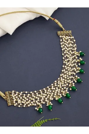 ATIBELLE Gold-Plated Stone-Studded & Beaded Brass Choker Necklace