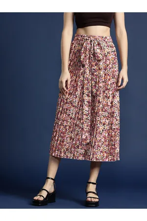 Mast & Harbour Floral Printed Tie-Up Detail Accordion Pleated A-Line Midi Skirt