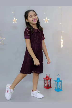 KidsDew Burgundy Girls Self Design Peter Pan Collar Lace A-Line Dress