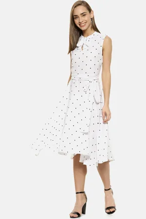 Campus Women White & Black Polka Dots Print Fit & Flare Dress