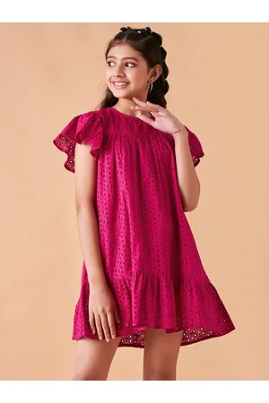 Cherry & Jerry Girls Self Design Flutter Sleeves Cotton A-Line Mini Dress