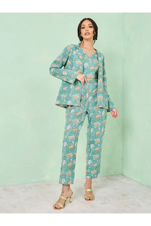 Styli Floral Printed V-Neck Pure Cotton Top With Jacket & Trousers