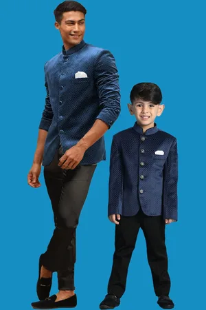 Vastramay Boys Polka Dot Printed Velvet Slim Fit Velvet Bandhgala Blazer