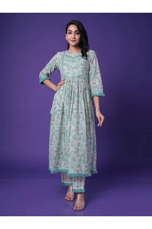 ZARI Floral Printed Embroidered Pure Cotton Kurta with Trouser
