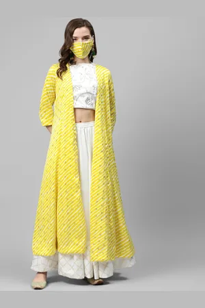 Biba Women White & Yellow Embellished Top with Skirt & Ethnic Jacket