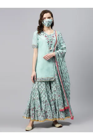 Biba Women Mint Green Pink Yoke Design Straight Kurti with Sharara Dupatta