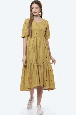 Rangriti Women Mustard Yellow Floral Ethnic A-Line Midi Dress