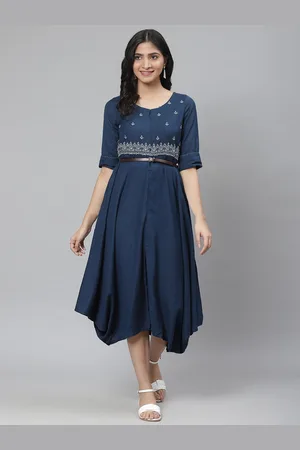 Rangriti Women Teal Blue & White Embroidered A-Line Dress